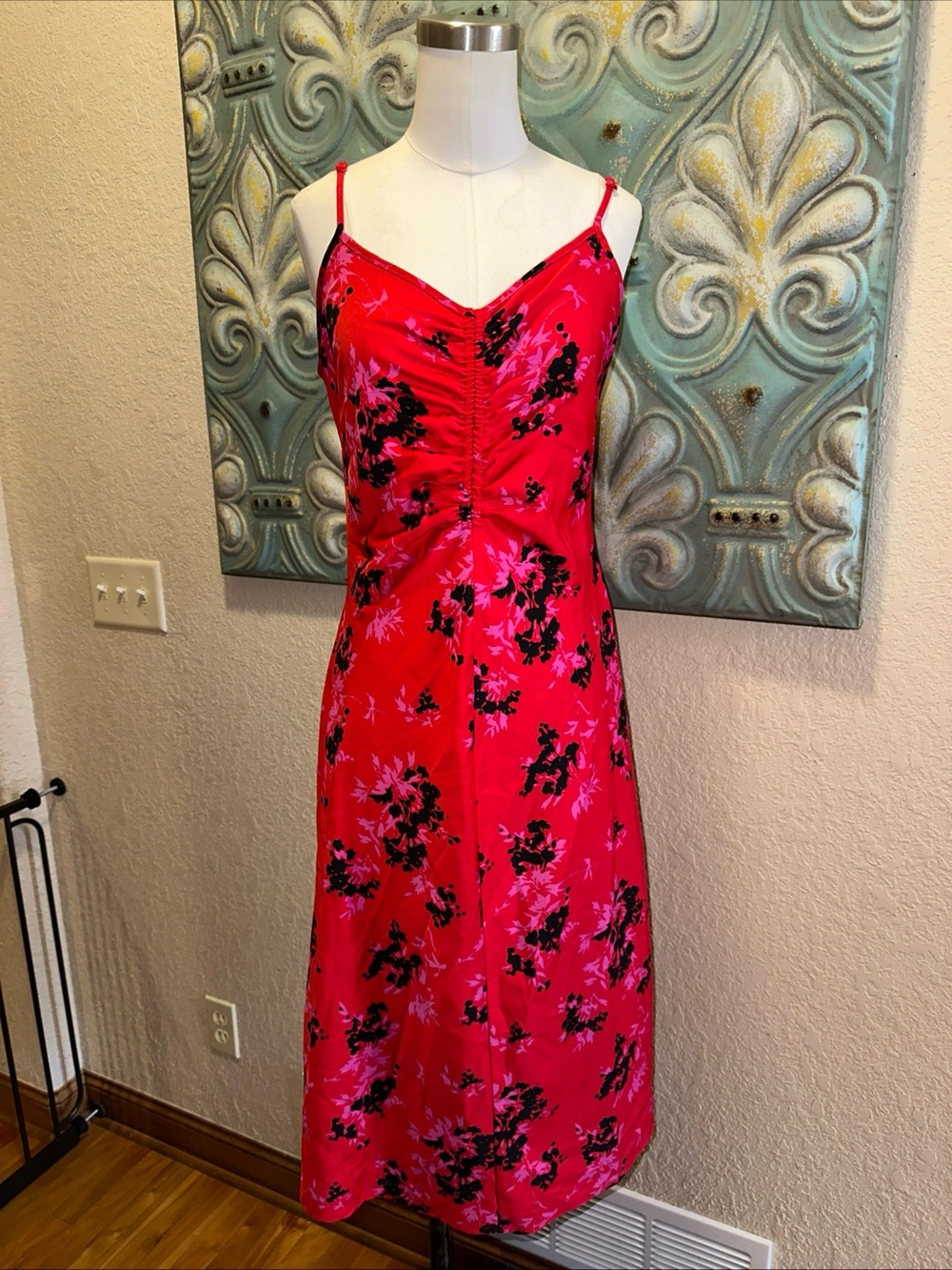 A New Day Women's Midi Ruched Slip Dress Sleeveless Red Print M Medium